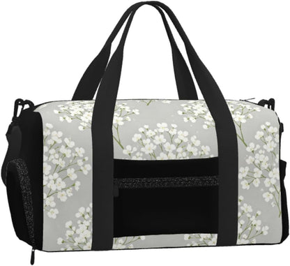 White Flower Duffel Bag with Shoe Compartment-Sports Gym Weekender for Men Women, Waterproof Travel Tote with Wet Pocket for Dirty Shoes
