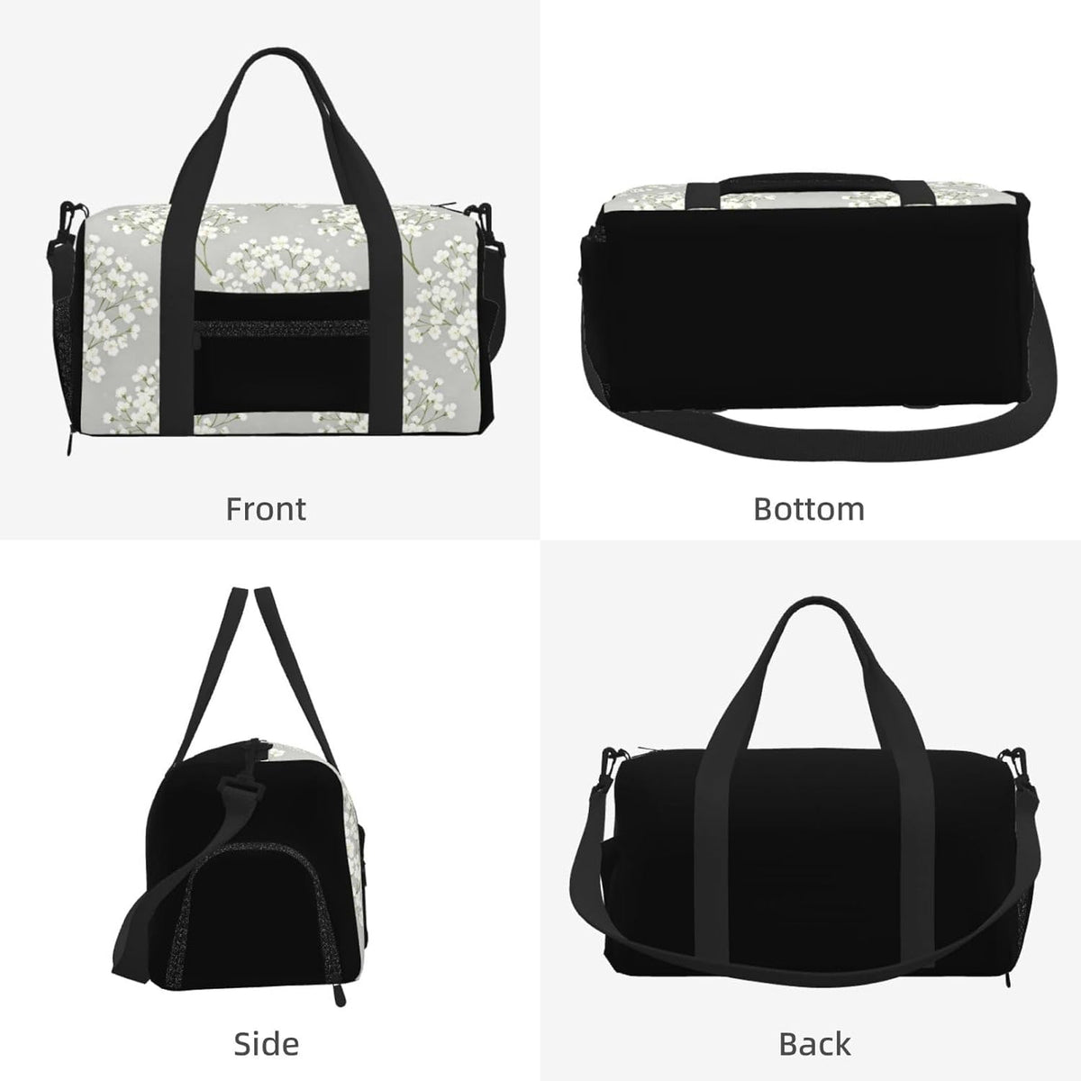 White Flower Duffel Bag with Shoe Compartment-Sports Gym Weekender for Men Women, Waterproof Travel Tote with Wet Pocket for Dirty Shoes