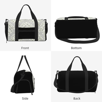 White Flower Duffel Bag with Shoe Compartment-Sports Gym Weekender for Men Women, Waterproof Travel Tote with Wet Pocket for Dirty Shoes