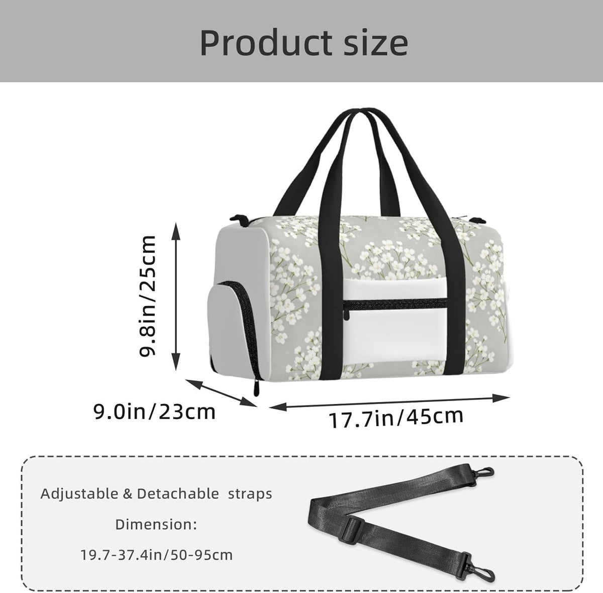 White Flower Duffel Bag with Shoe Compartment-Sports Gym Weekender for Men Women, Waterproof Travel Tote with Wet Pocket for Dirty Shoes