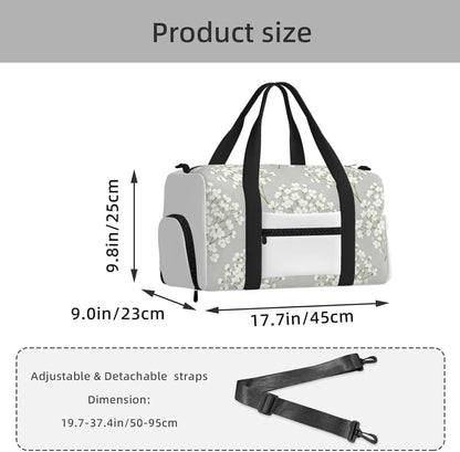 White Flower Duffel Bag with Shoe Compartment-Sports Gym Weekender for Men Women, Waterproof Travel Tote with Wet Pocket for Dirty Shoes