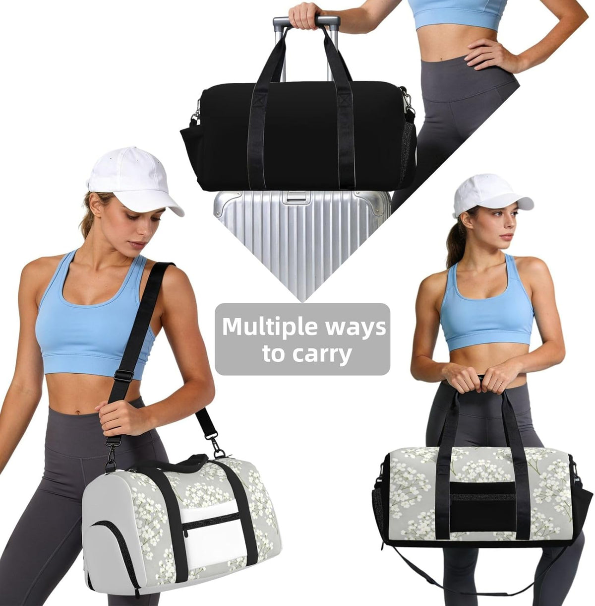 White Flower Duffel Bag with Shoe Compartment-Sports Gym Weekender for Men Women, Waterproof Travel Tote with Wet Pocket for Dirty Shoes
