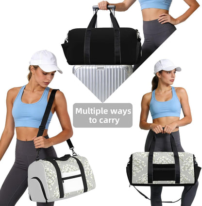 White Flower Duffel Bag with Shoe Compartment-Sports Gym Weekender for Men Women, Waterproof Travel Tote with Wet Pocket for Dirty Shoes