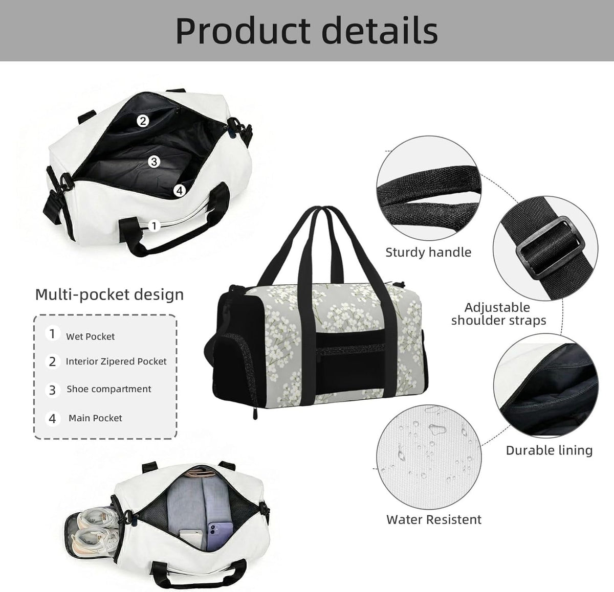White Flower Duffel Bag with Shoe Compartment-Sports Gym Weekender for Men Women, Waterproof Travel Tote with Wet Pocket for Dirty Shoes