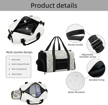 White Flower Duffel Bag with Shoe Compartment-Sports Gym Weekender for Men Women, Waterproof Travel Tote with Wet Pocket for Dirty Shoes