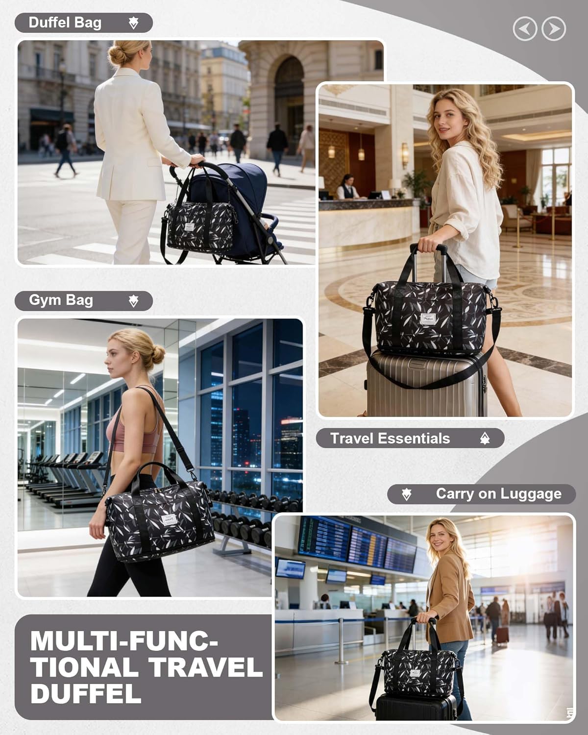 Travel Duffel Bag, Sports Tote Gym Bag, Shoulder Weekender Overnight Bag for Women - Colors B