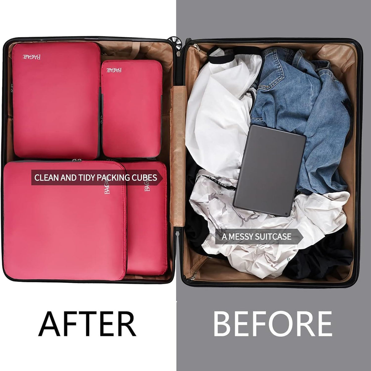 4 Set/6 Set/8 Set Compression Packing Cubes Travel Accessories Expandable Packing Organizers (Half Mesh, 6-Black) - Colors A