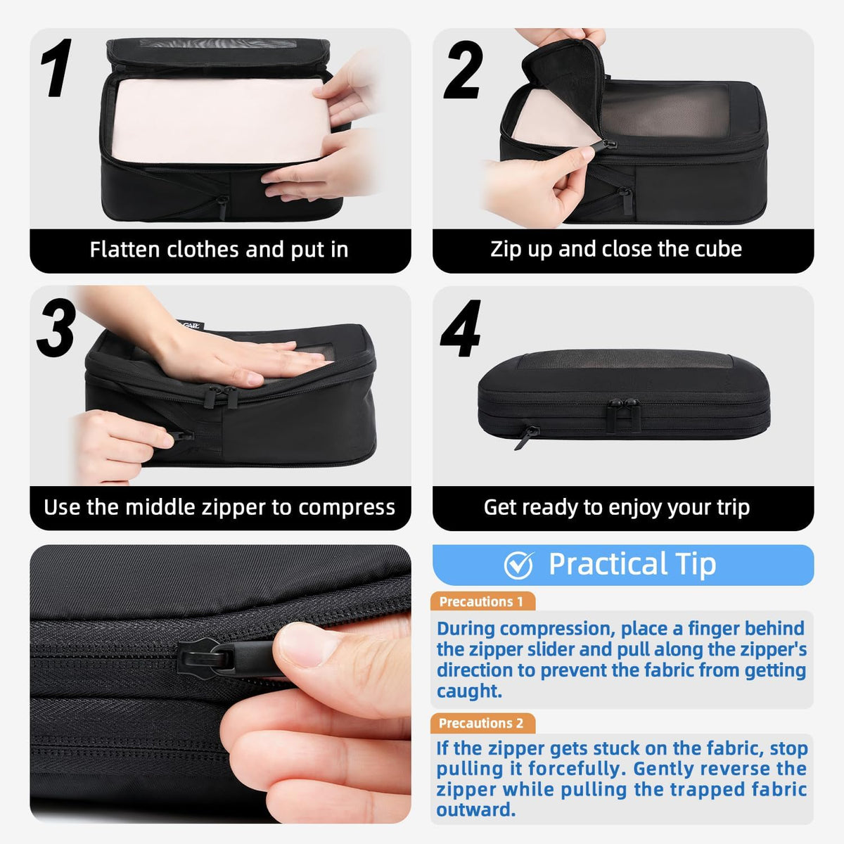 4 Set/6 Set/8 Set Compression Packing Cubes Travel Accessories Expandable Packing Organizers (Half Mesh, 6-Black) - Colors A