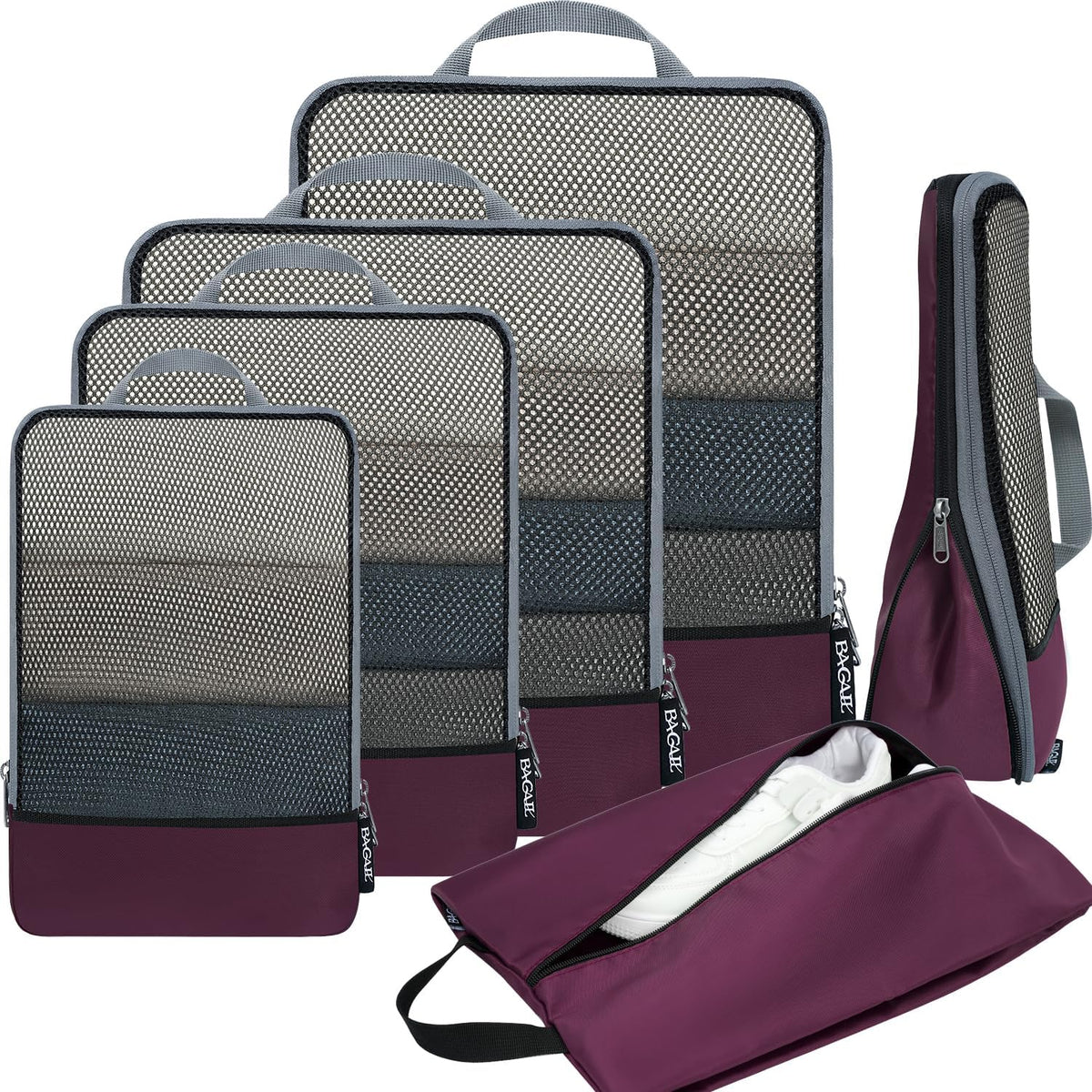 4 Set/6 Set/8 Set Compression Packing Cubes Travel Accessories Expandable Packing Organizers (Half Mesh, 6-Black) - Colors A