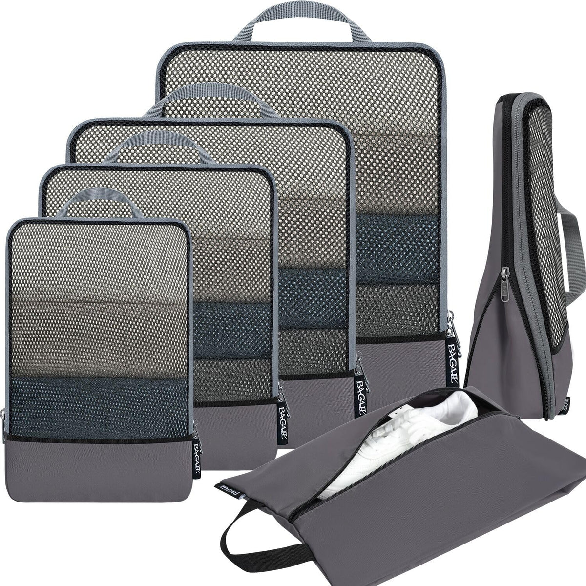 4 Set/6 Set/8 Set Compression Packing Cubes Travel Accessories Expandable Packing Organizers (Half Mesh, 6-Black) - Colors A