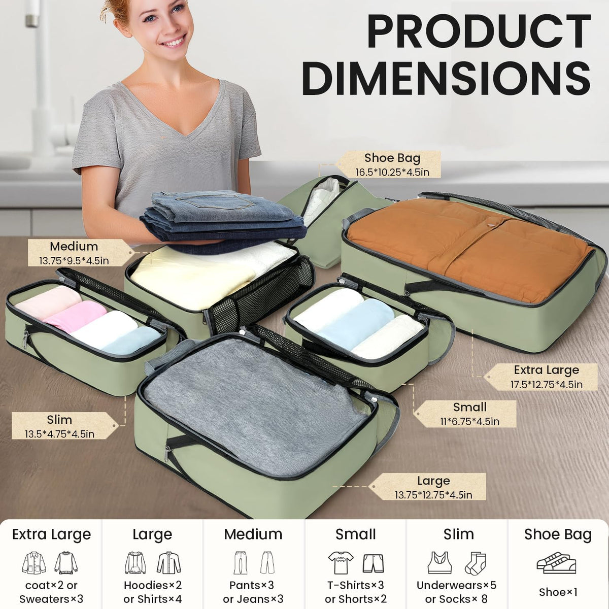 4 Set/6 Set/8 Set Compression Packing Cubes Travel Accessories Expandable Packing Organizers (Half Mesh, 6-Black) - Colors A