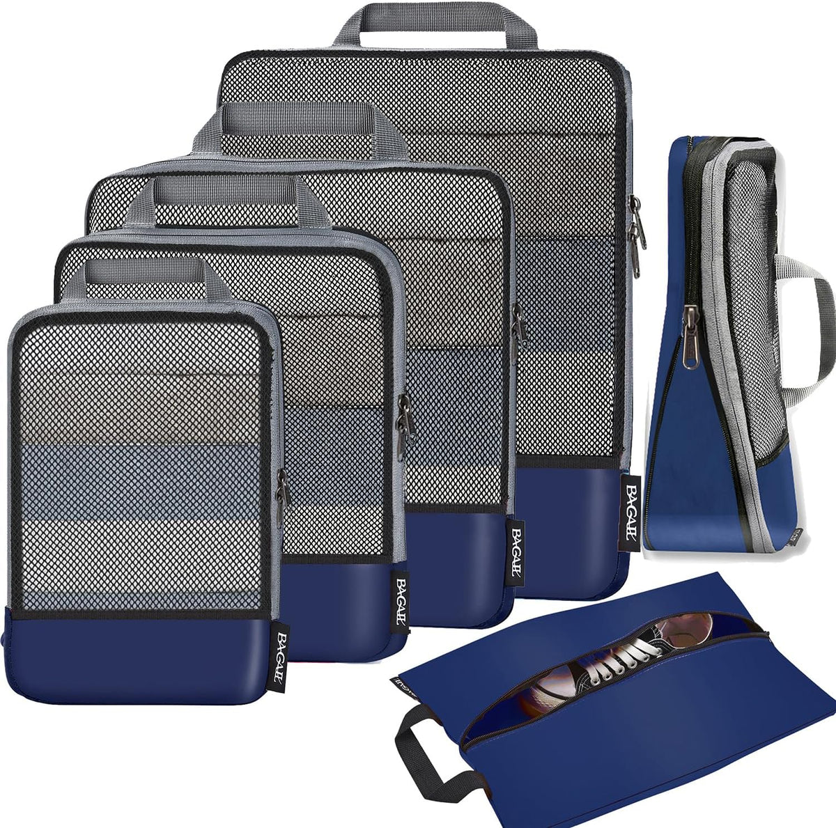 4 Set/6 Set/8 Set Compression Packing Cubes Travel Accessories Expandable Packing Organizers (Half Mesh, 6-Black) - Colors A