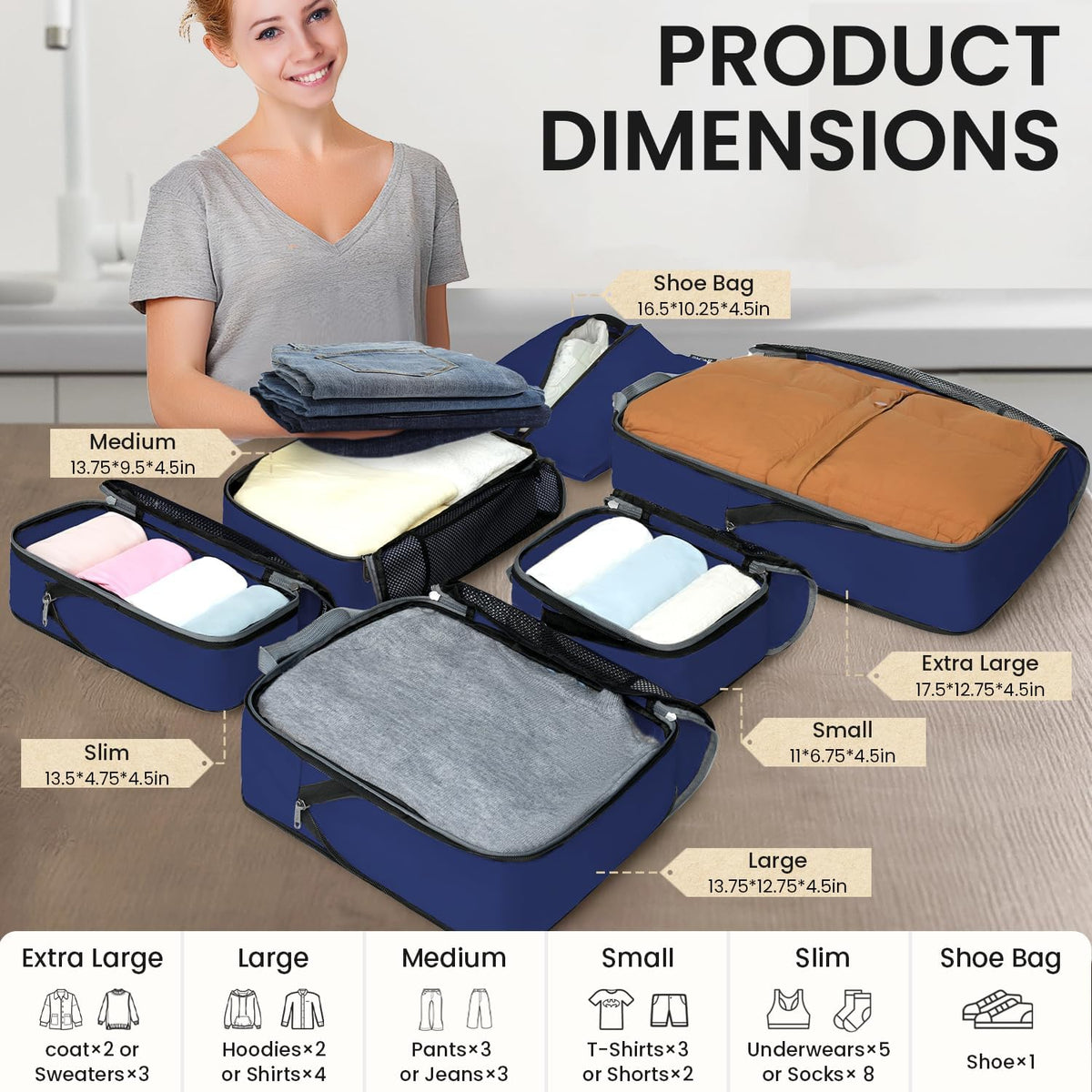 4 Set/6 Set/8 Set Compression Packing Cubes Travel Accessories Expandable Packing Organizers (Half Mesh, 6-Black) - Colors A