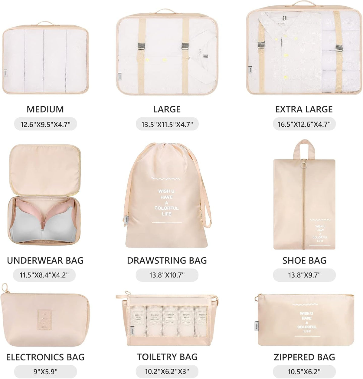9 Set Packing Cubes with Shoe Bag & Electronics Bag - Luggage Organizers Suitcase Travel Accessories