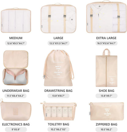 9 Set Packing Cubes with Shoe Bag & Electronics Bag - Luggage Organizers Suitcase Travel Accessories
