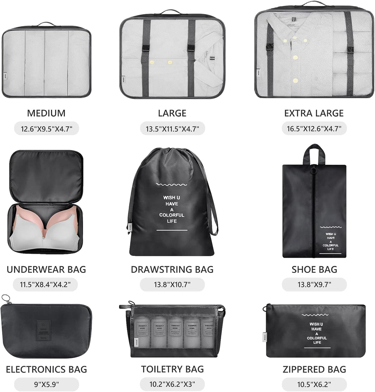 9 Set Packing Cubes with Shoe Bag & Electronics Bag - Luggage Organizers Suitcase Travel Accessories