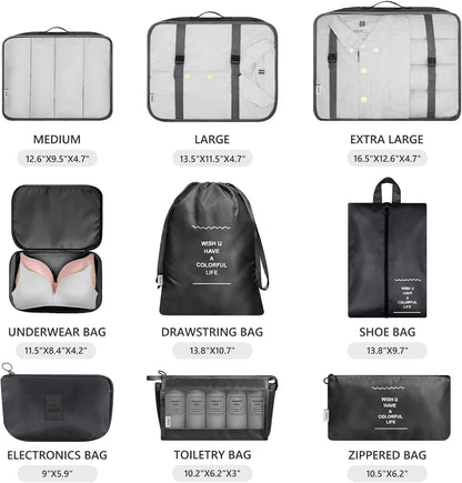9 Set Packing Cubes with Shoe Bag & Electronics Bag - Luggage Organizers Suitcase Travel Accessories