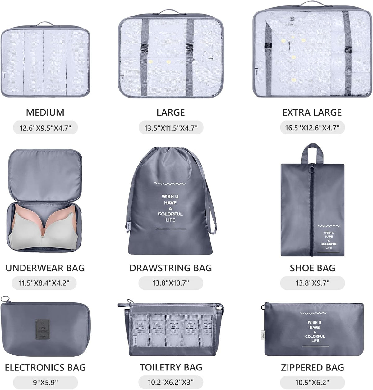 9 Set Packing Cubes with Shoe Bag & Electronics Bag - Luggage Organizers Suitcase Travel Accessories