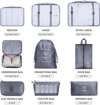 9 Set Packing Cubes with Shoe Bag & Electronics Bag - Luggage Organizers Suitcase Travel Accessories
