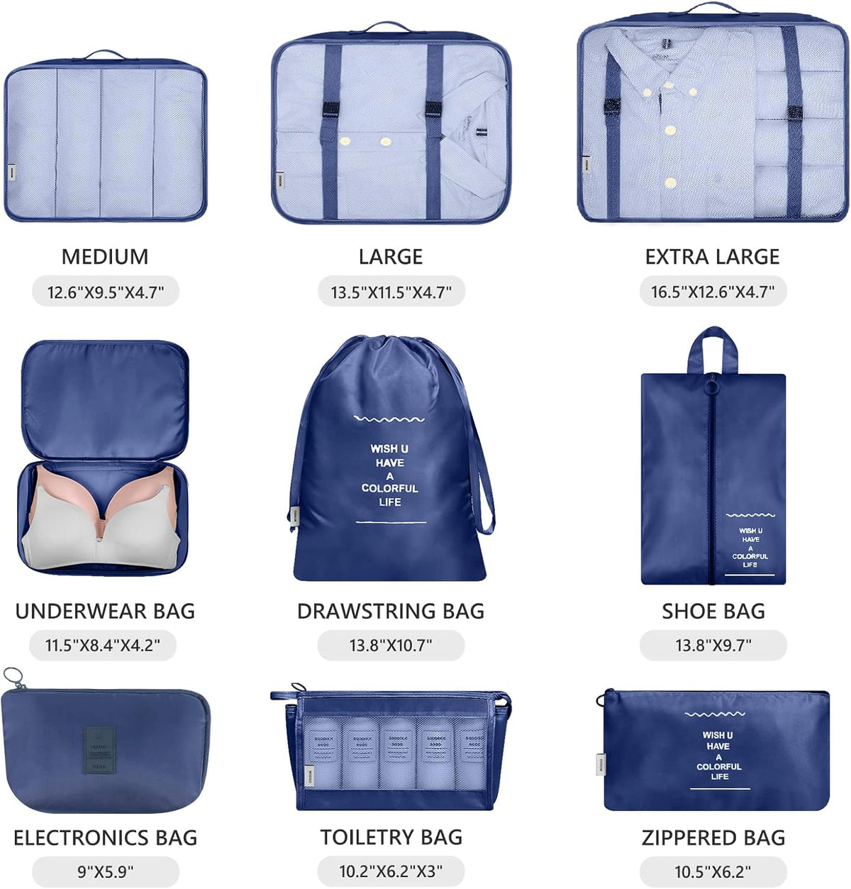 9 Set Packing Cubes with Shoe Bag & Electronics Bag - Luggage Organizers Suitcase Travel Accessories