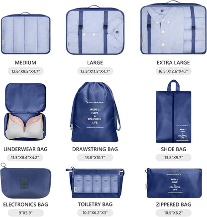 9 Set Packing Cubes with Shoe Bag & Electronics Bag - Luggage Organizers Suitcase Travel Accessories