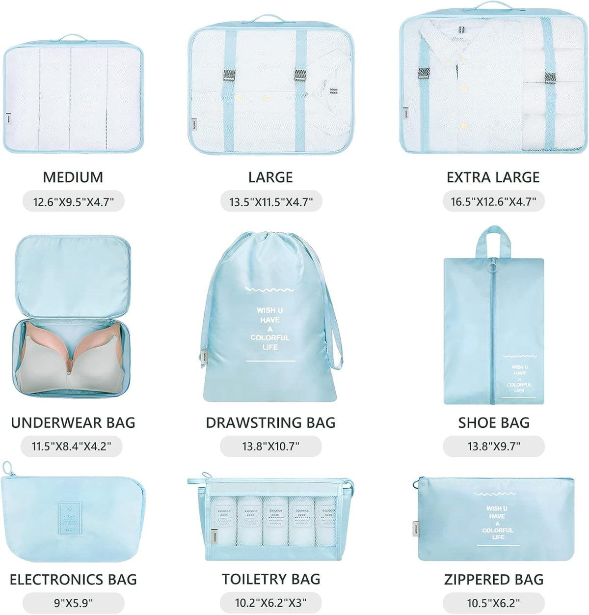 9 Set Packing Cubes with Shoe Bag & Electronics Bag - Luggage Organizers Suitcase Travel Accessories