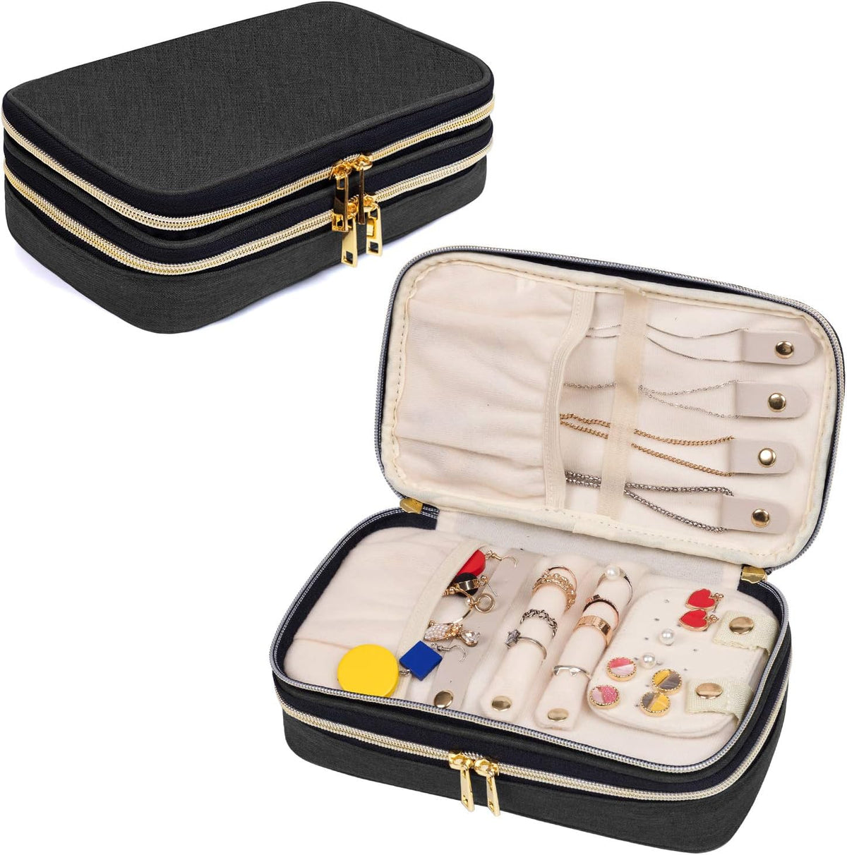 Double Layer Jewelry Organizer, Quilted Jewelry Travel Case for Rings, Necklaces, Earrings, Bracelets and More, Black-Bag Only