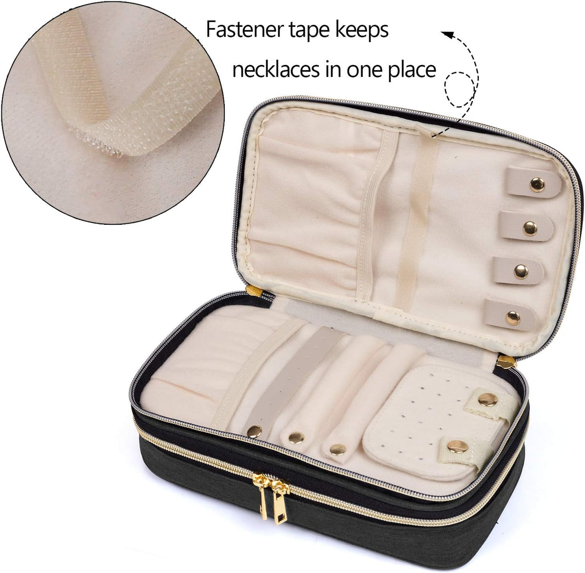 Double Layer Jewelry Organizer, Quilted Jewelry Travel Case for Rings, Necklaces, Earrings, Bracelets and More, Black-Bag Only