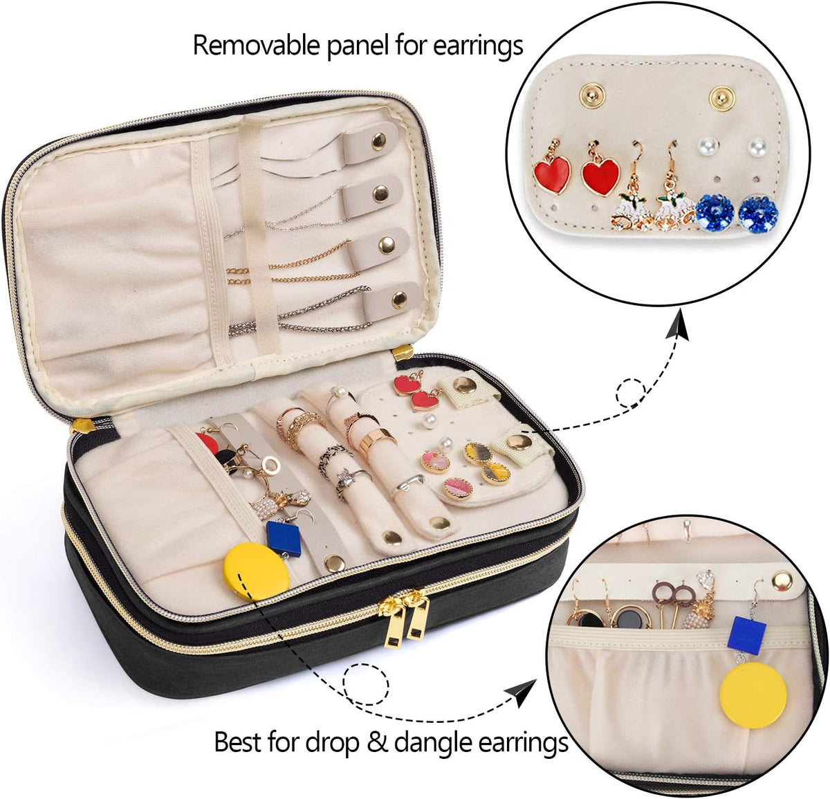 Double Layer Jewelry Organizer, Quilted Jewelry Travel Case for Rings, Necklaces, Earrings, Bracelets and More, Black-Bag Only