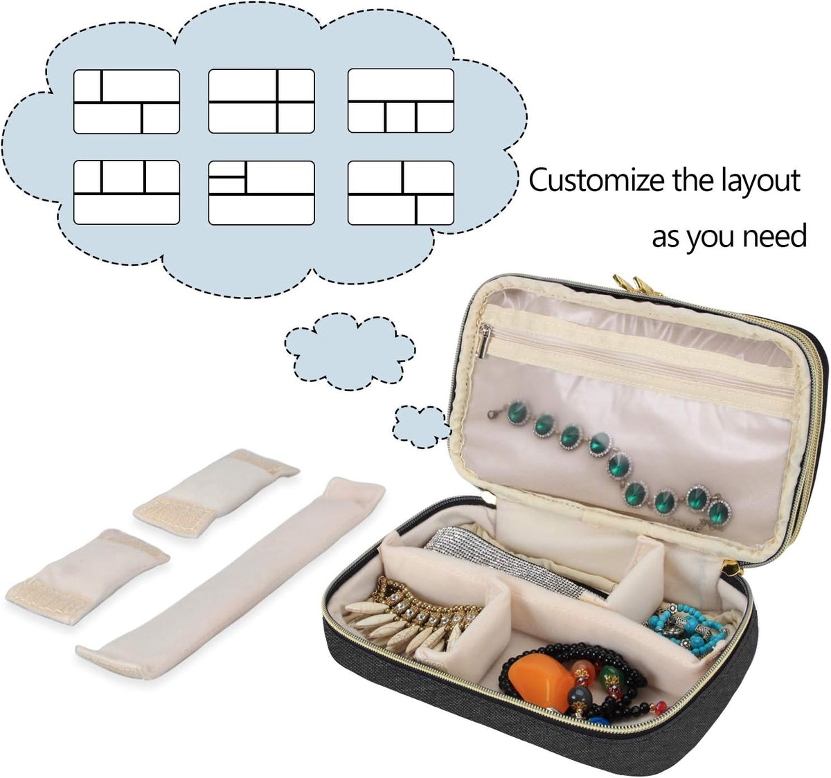 Double Layer Jewelry Organizer, Quilted Jewelry Travel Case for Rings, Necklaces, Earrings, Bracelets and More, Black-Bag Only
