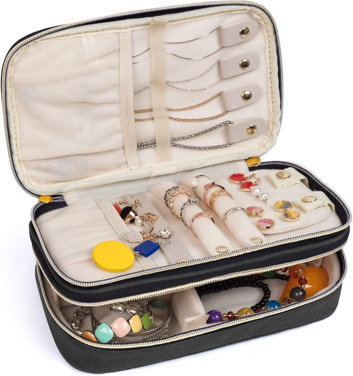 Double Layer Jewelry Organizer, Quilted Jewelry Travel Case for Rings, Necklaces, Earrings, Bracelets and More, Black-Bag Only