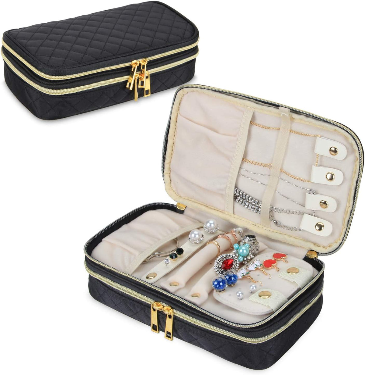 Double Layer Jewelry Organizer, Quilted Jewelry Travel Case for Rings, Necklaces, Earrings, Bracelets and More, Black-Bag Only