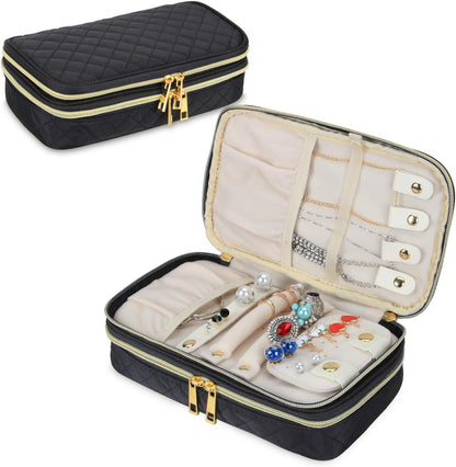 Double Layer Jewelry Organizer, Quilted Jewelry Travel Case for Rings, Necklaces, Earrings, Bracelets and More, Black-Bag Only