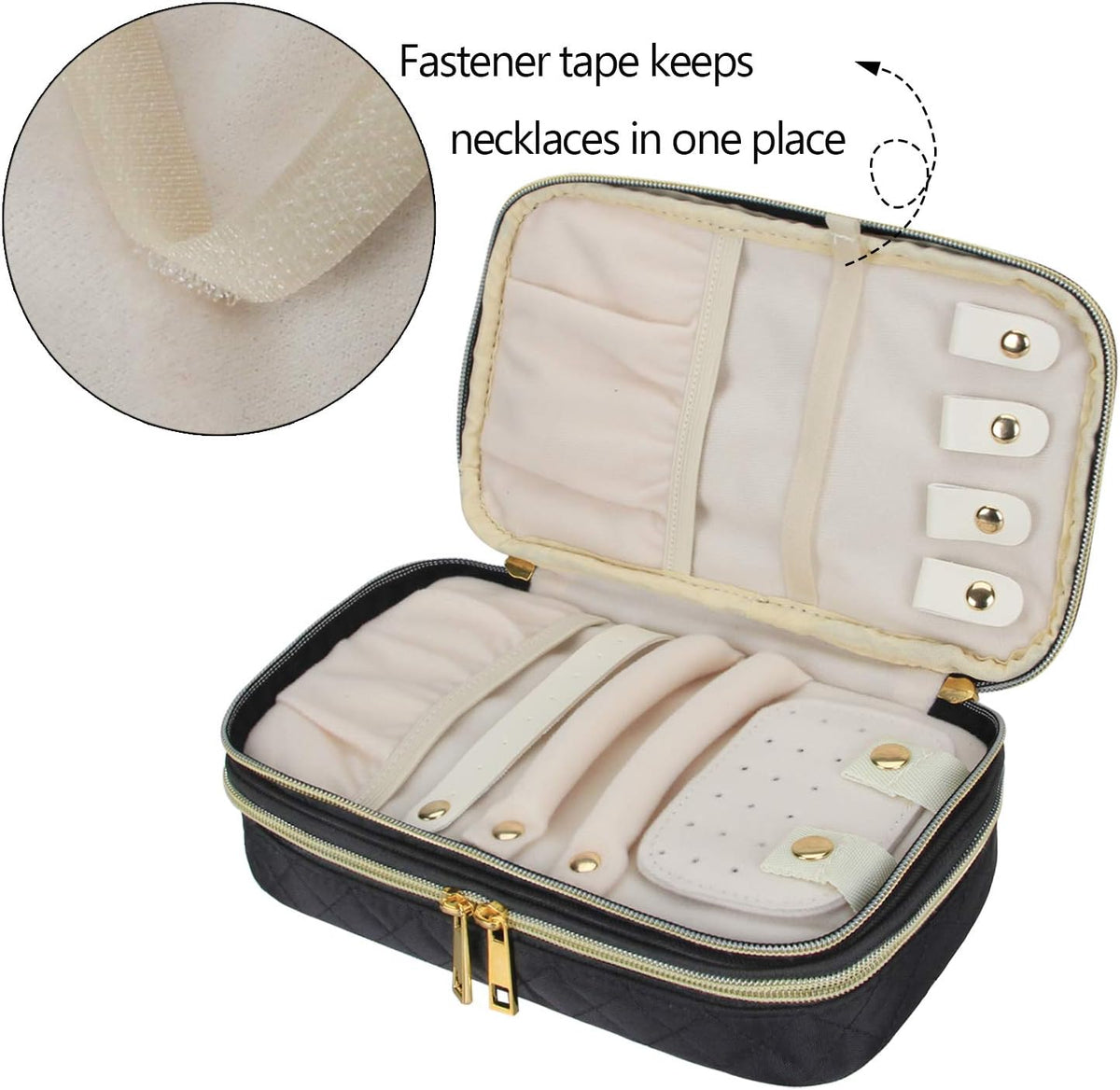 Double Layer Jewelry Organizer, Quilted Jewelry Travel Case for Rings, Necklaces, Earrings, Bracelets and More, Black-Bag Only