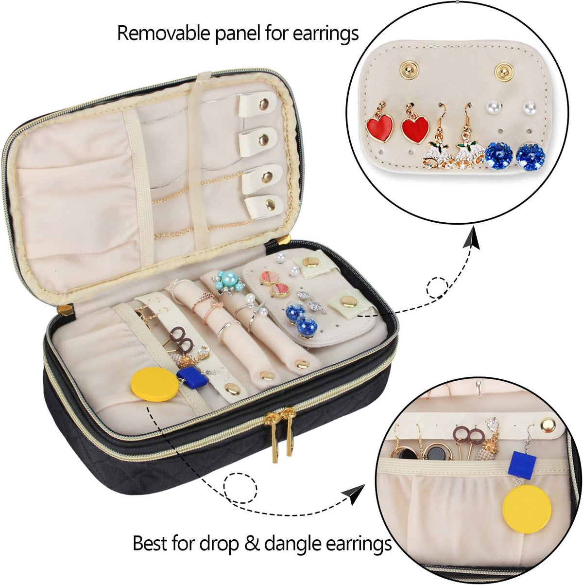 Double Layer Jewelry Organizer, Quilted Jewelry Travel Case for Rings, Necklaces, Earrings, Bracelets and More, Black-Bag Only