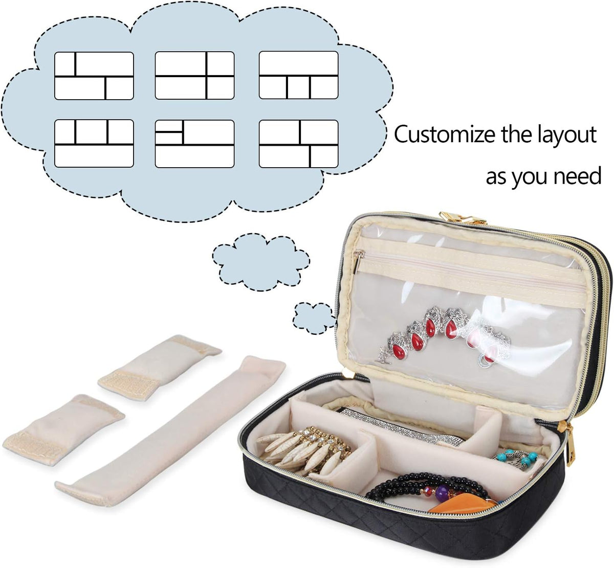 Double Layer Jewelry Organizer, Quilted Jewelry Travel Case for Rings, Necklaces, Earrings, Bracelets and More, Black-Bag Only