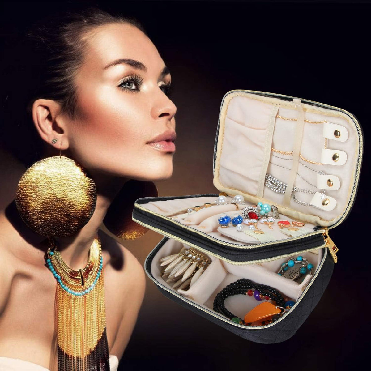 Double Layer Jewelry Organizer, Quilted Jewelry Travel Case for Rings, Necklaces, Earrings, Bracelets and More, Black-Bag Only
