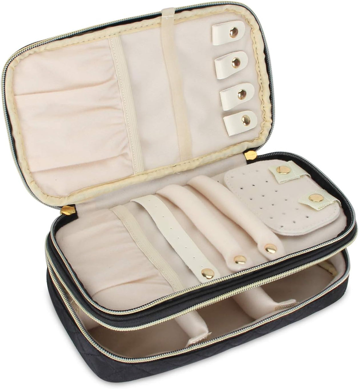 Double Layer Jewelry Organizer, Quilted Jewelry Travel Case for Rings, Necklaces, Earrings, Bracelets and More, Black-Bag Only