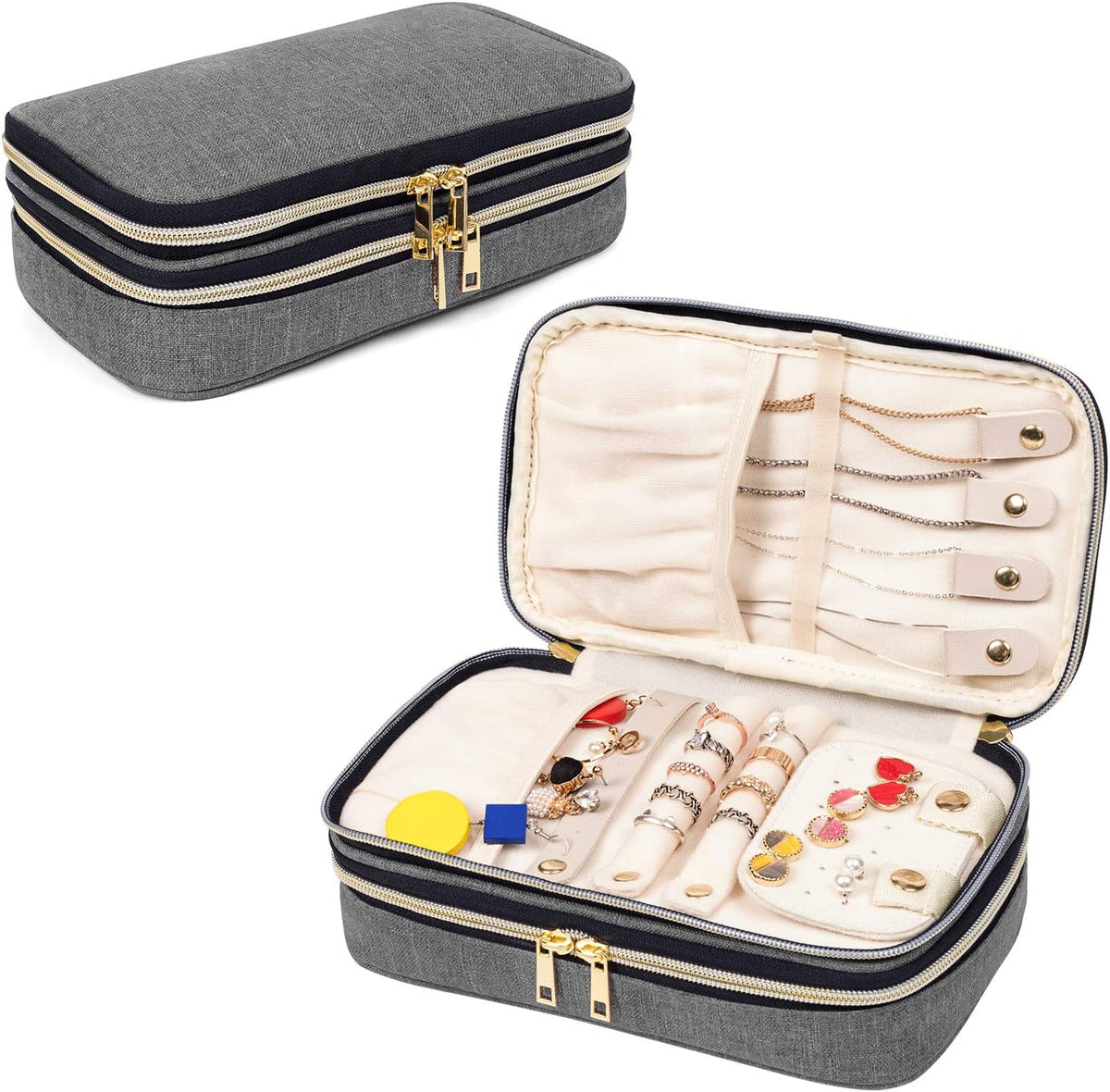 Double Layer Jewelry Organizer, Quilted Jewelry Travel Case for Rings, Necklaces, Earrings, Bracelets and More, Black-Bag Only