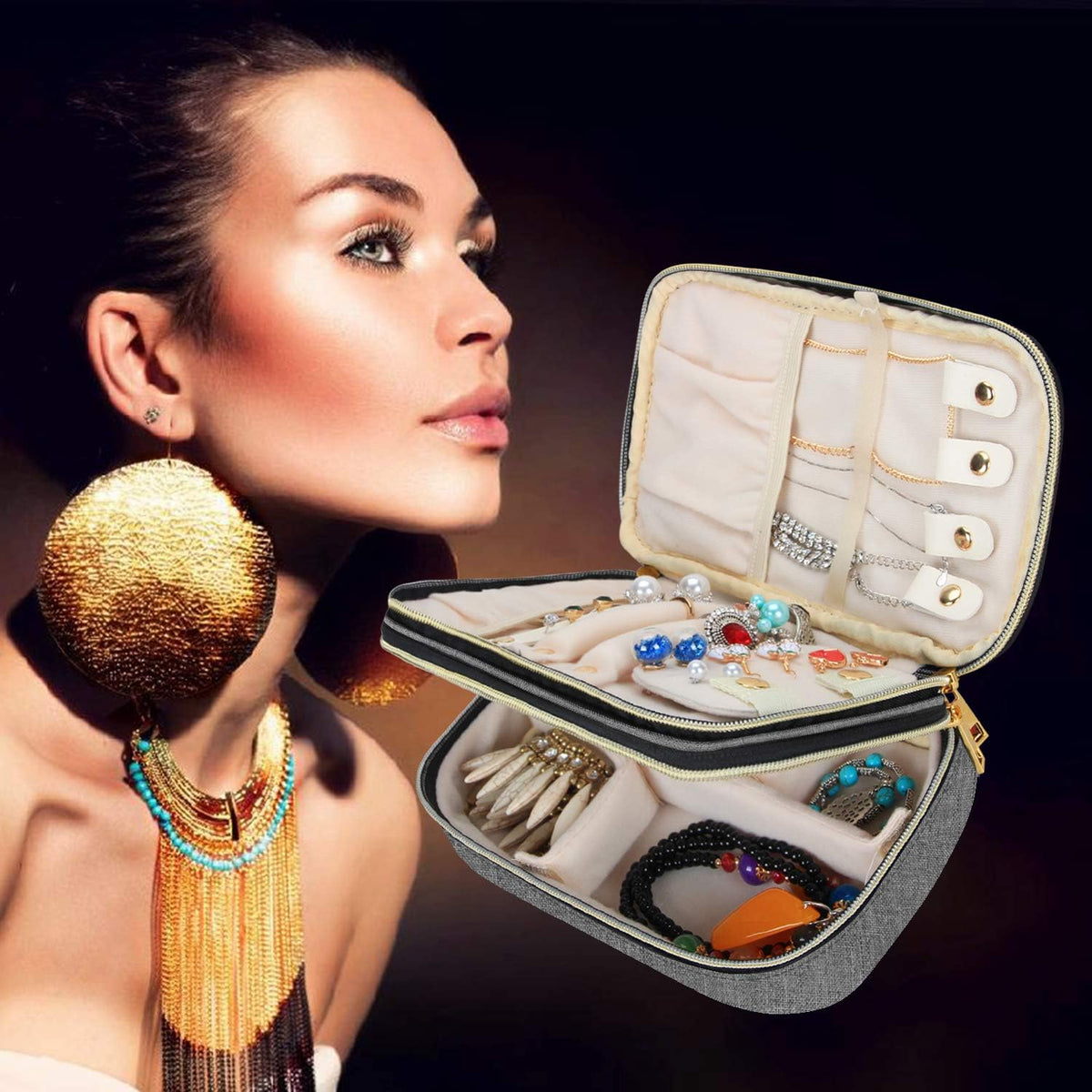 Double Layer Jewelry Organizer, Quilted Jewelry Travel Case for Rings, Necklaces, Earrings, Bracelets and More, Black-Bag Only