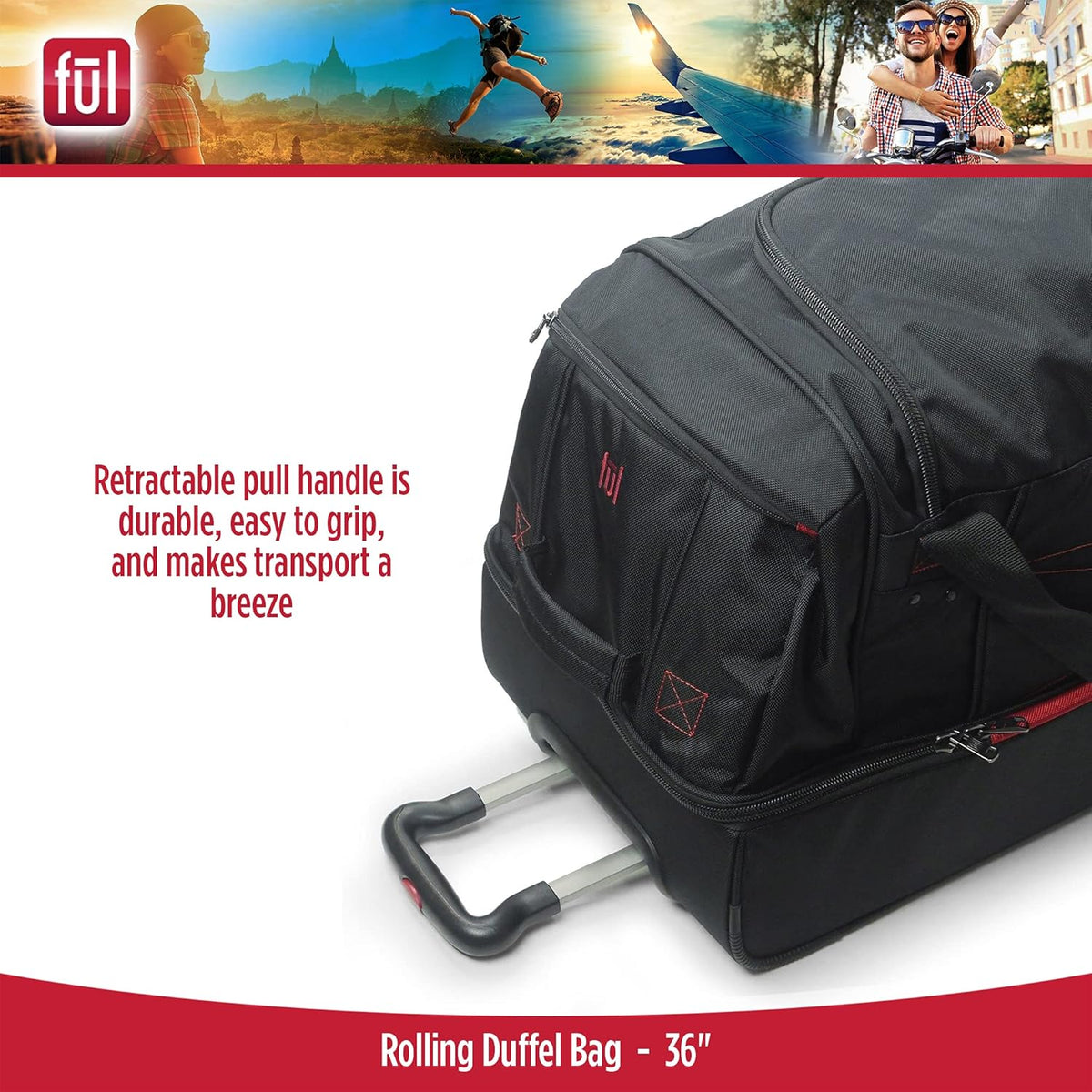 ful Rolling Duffel Travel Luggage Bag with Wheels, Black, 36"