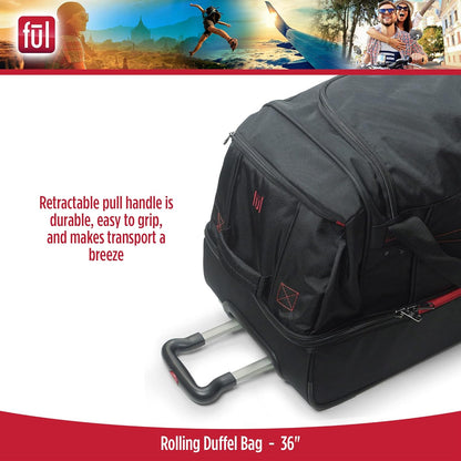 ful Rolling Duffel Travel Luggage Bag with Wheels, Black, 36"