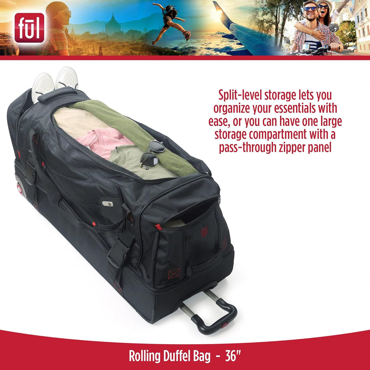 ful Rolling Duffel Travel Luggage Bag with Wheels, Black, 36"