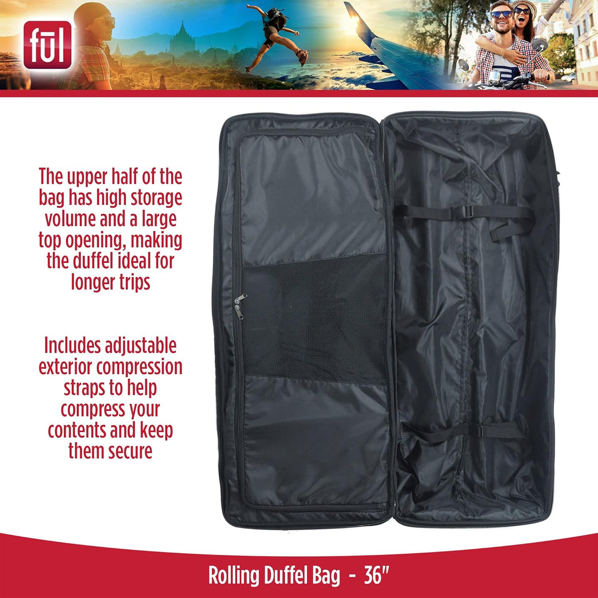 ful Rolling Duffel Travel Luggage Bag with Wheels, Black, 36"