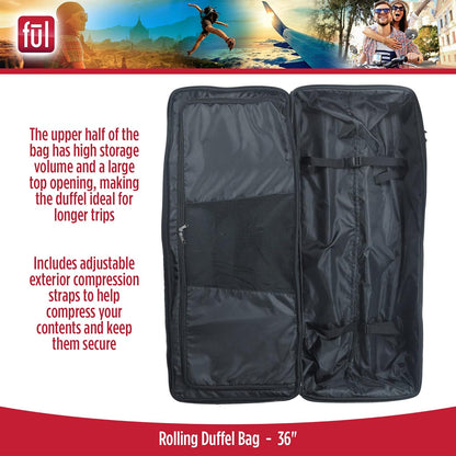 ful Rolling Duffel Travel Luggage Bag with Wheels, Black, 36"