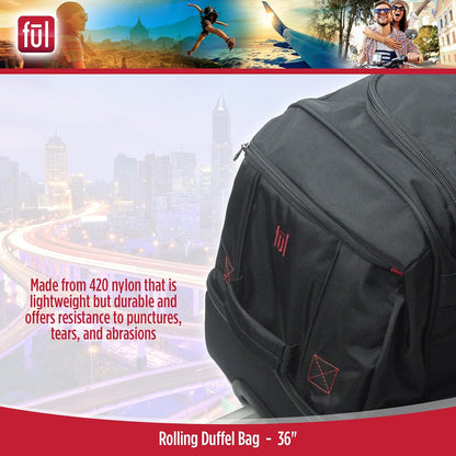 ful Rolling Duffel Travel Luggage Bag with Wheels, Black, 36"