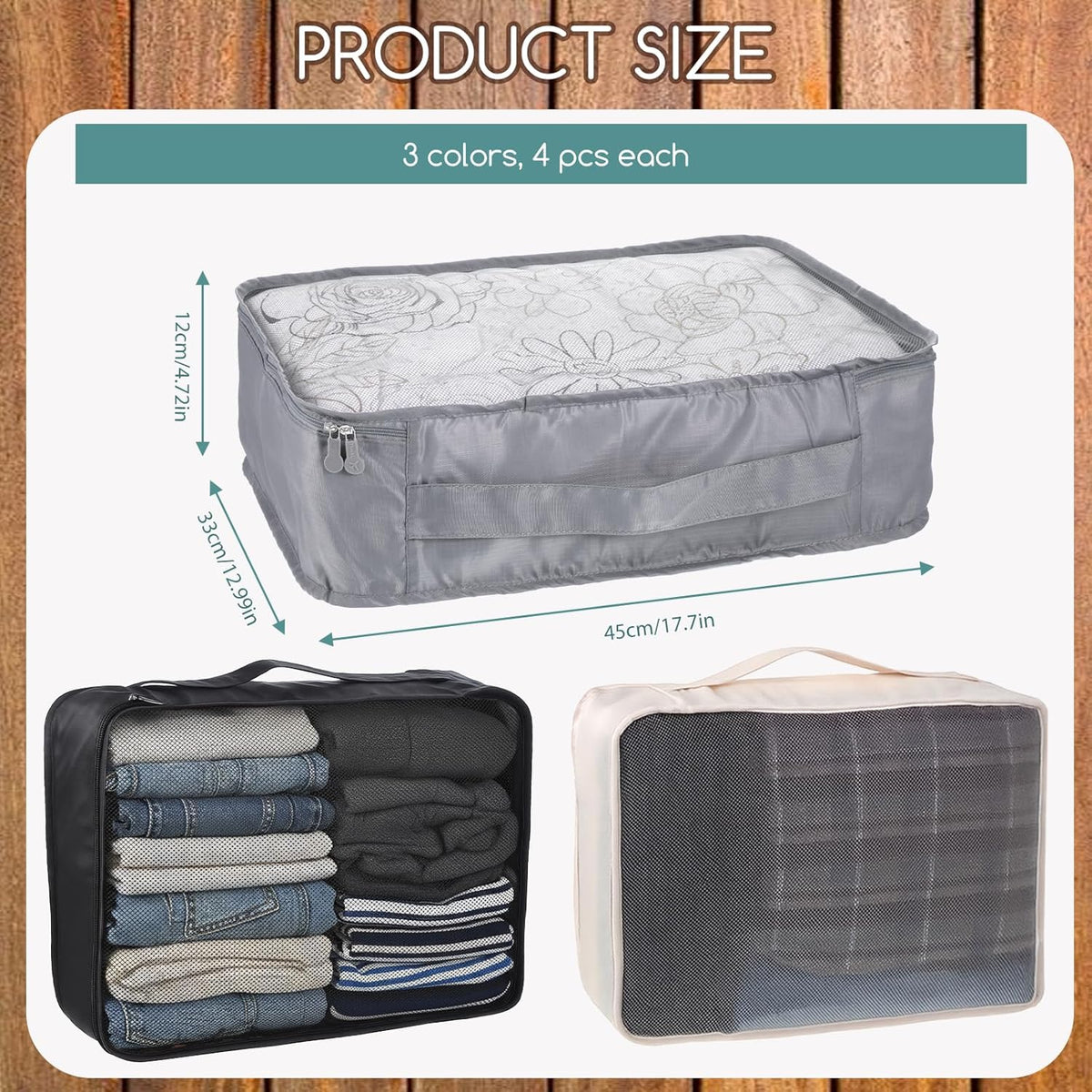 12 Pcs XL Packing Cube for Travel Luggage Organizer, 17.7 x 12.99 x 4.72 inches Reusable Black Gray Beige Mesh Travel Luggage Bags for Hiking Camping Accessory