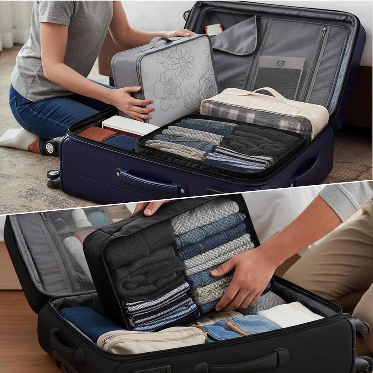 12 Pcs XL Packing Cube for Travel Luggage Organizer, 17.7 x 12.99 x 4.72 inches Reusable Black Gray Beige Mesh Travel Luggage Bags for Hiking Camping Accessory