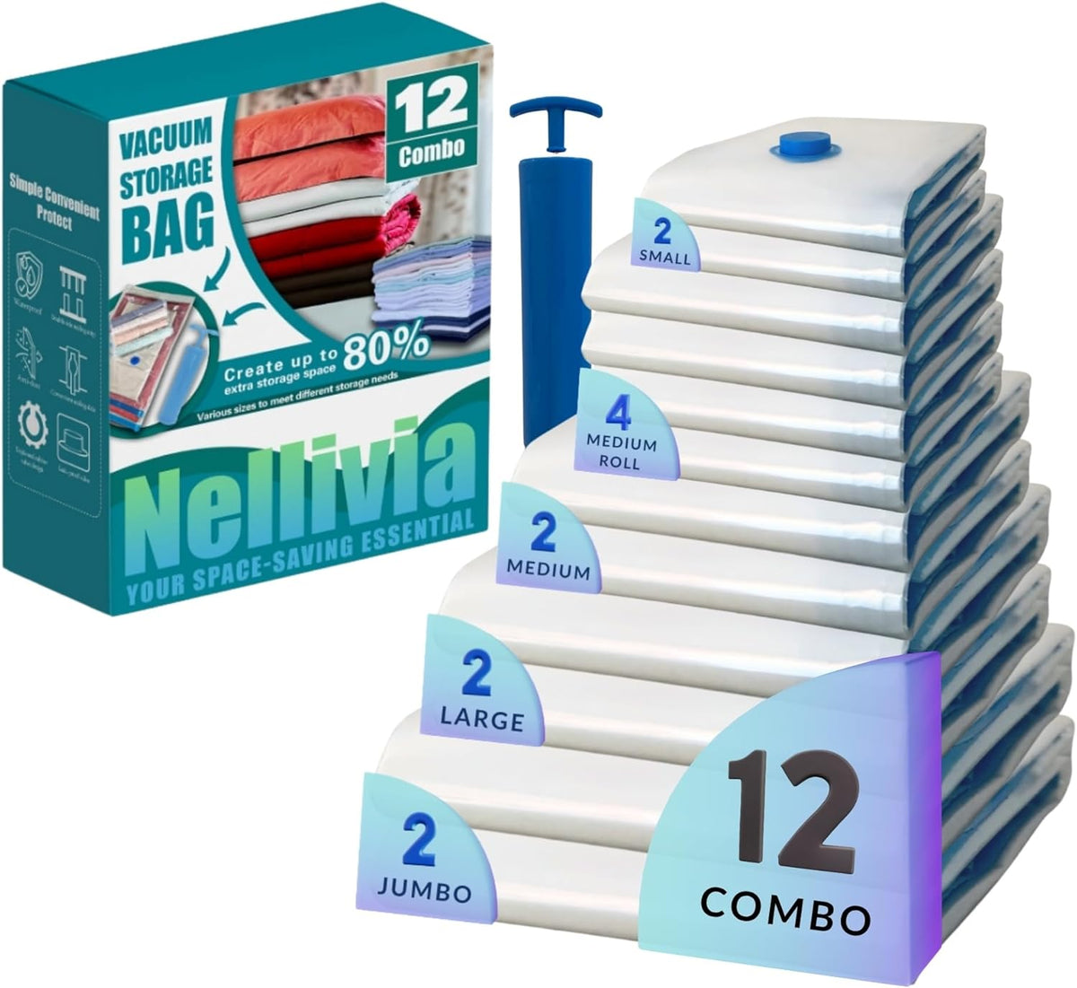 12 Pack Vacuum Storage Bags with Hand Pump, Compression Space Saver for Comforter, Bedding, Blanket Storage, Vacuum Seal Bags for Clothing, Travel Luggage Suitcase and Closet Organizer