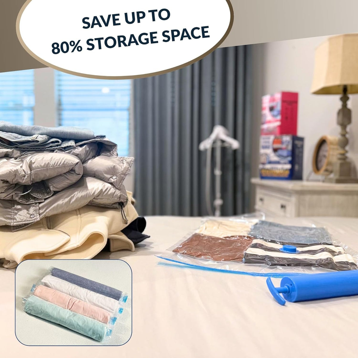 12 Pack Vacuum Storage Bags with Hand Pump, Compression Space Saver for Comforter, Bedding, Blanket Storage, Vacuum Seal Bags for Clothing, Travel Luggage Suitcase and Closet Organizer